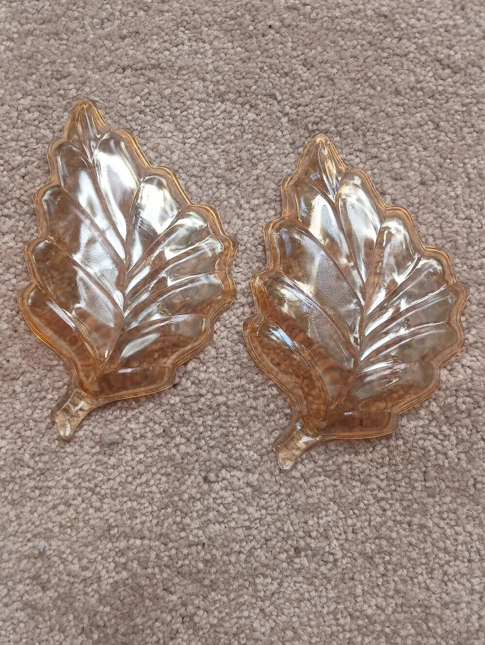 Set Of Two,, Vintage Jeanette Iridescent Marigold Carnival Glass Leaf Shape Dish